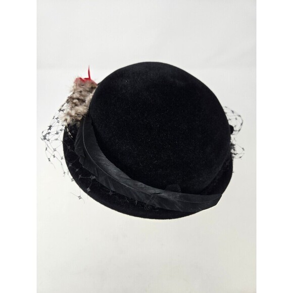 VINTAGE CHRISTINE ORIGINAL NEW YORK BLACK EMBELLISHED BOWLER HAT FEATHERS WOMEN - Picture 6 of 12